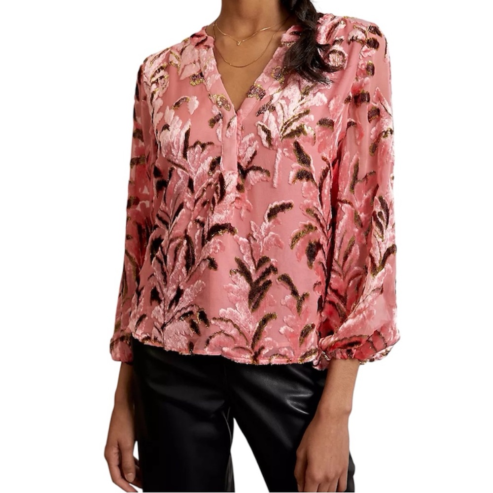 Anthropologie Lori Burnout Velvet Blouse 3/4 Sleeve V Neck Pullover Size Medium